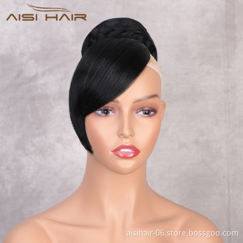 Aisi Hair New Design Natural Straight Black Color Hair Bun With Bangs Silky Straight Synthetic Hair Extension For Black Women